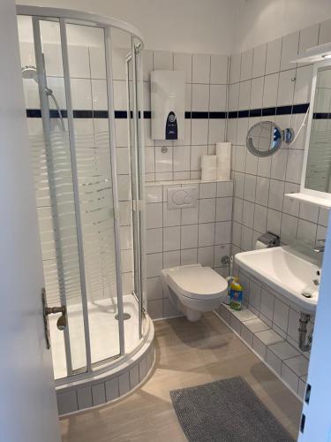 トラフェミュンデにあるSeaside mit Ostseeblickのバスルーム(シャワー、トイレ、シンク付)