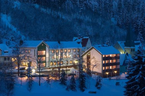 a hotel in the snow at night at Gasthof Rodachtal mit Gästehaus Katharina in Schwarzenbach am Wald