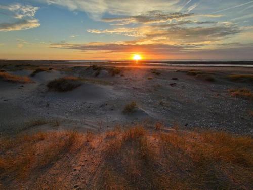 an aerial view of the sunset on the beach at Dierenweide Upstairs in Goedereede
