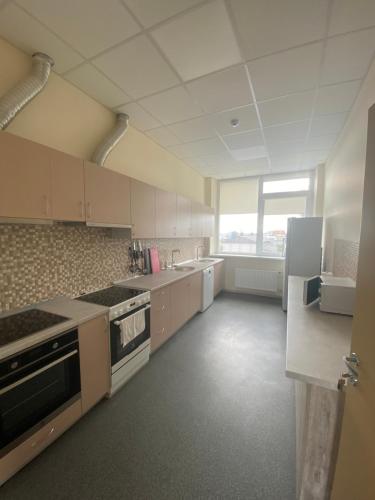 a large kitchen with white cabinets and a window at Ecohotel in Kretinga