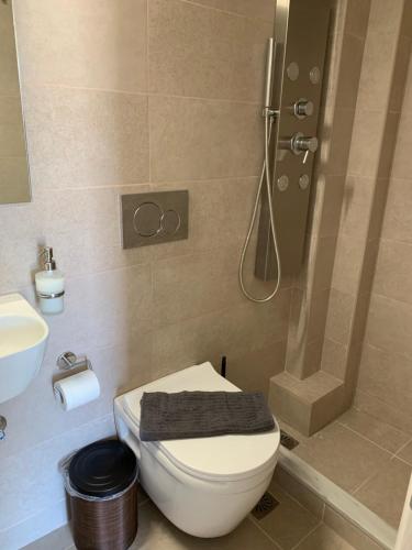 une salle de bain avec toilettes et douche dans l'établissement MV Penthouse, à Athènes