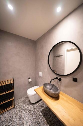 a bathroom with a sink and a mirror on the wall at De Dierenweiden in Goedereede