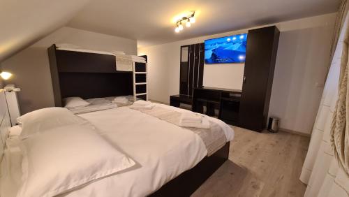 a bedroom with two beds and a flat screen tv at Pensiunea Mădălina in Durau