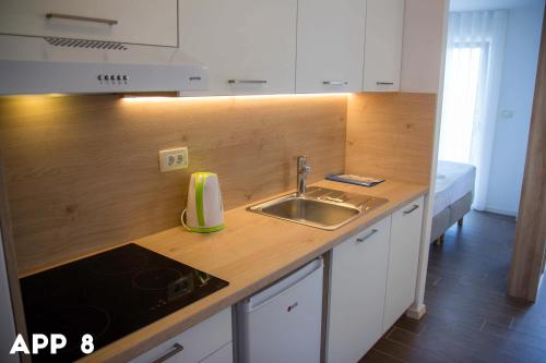 a kitchen with a sink and a counter top at Casa Maly in Portorož