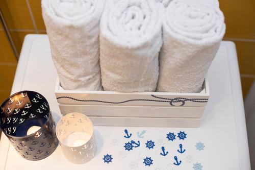 a box filled with towels on a toilet at Captain's Suite in Neusiedl am See