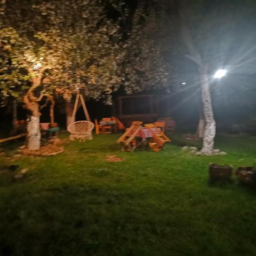 a backyard at night with a table and a tree at Etno Konak Angela in Kalna
