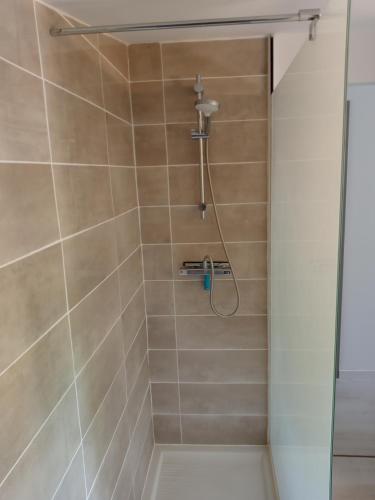 une douche avec pommeau de douche dans une salle de bain dans l'établissement Chalet Var Canebières, au Muy