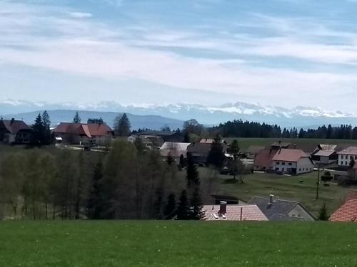 a village with houses and mountains in the background at Kim`s Cottage in Görwihl