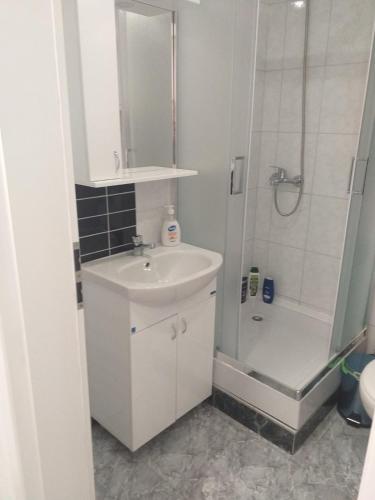 a white bathroom with a sink and a shower at Apartmani Loznica in Loznica