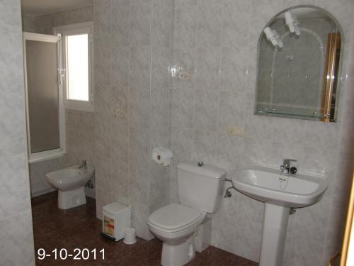 a bathroom with a toilet and a sink and a mirror at Apartamento EL BALCON in Cuenca