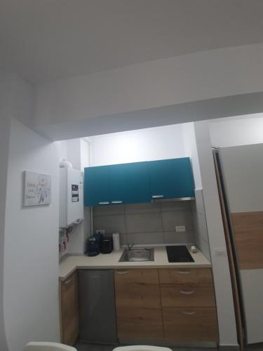 a small kitchen with blue cabinets and a sink at Brizza Apartments 3 Mamaia Nord in Năvodari