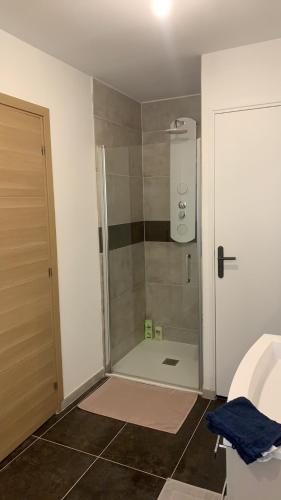 a bathroom with a shower with a glass door at Appartement chaleureux in Boulogne-sur-Mer
