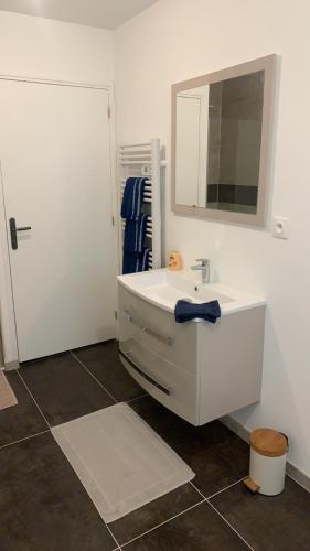 a bathroom with a white sink and a mirror at Appartement chaleureux in Boulogne-sur-Mer