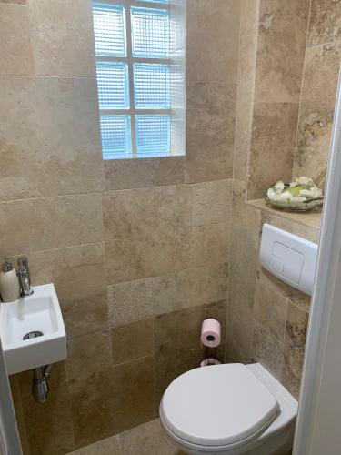 une salle de bain avec toilettes et lavabo dans l'établissement Superbe 2 pièces à 50 m de la Promenade des Anglais, à Nice