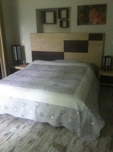a large white bed in a bedroom with a wooden floor at Villa Gioia in Acqui Terme
