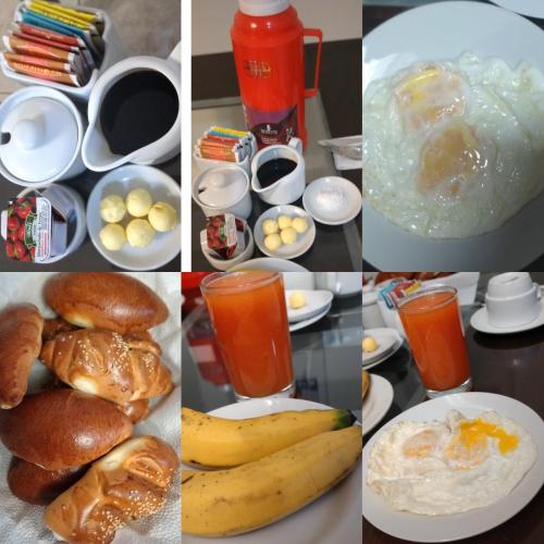 un collage de fotos de alimentos y bebidas para el desayuno en Machupicchu Guest House, en Machu Picchu
