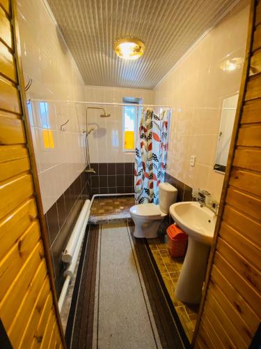 a bathroom with a toilet and a sink at Guest House KAGAN in Toktogul