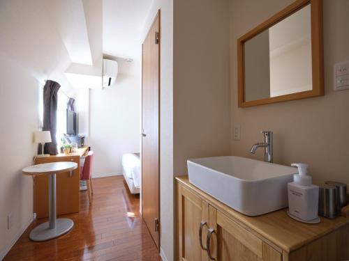 a bathroom with a sink and a mirror at Pod Select Hotel Shinjuku in Tokyo