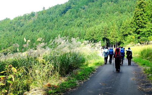 a group of people walking down a dirt road at Nozawa View Hotel Shimataya in Nozawa Onsen