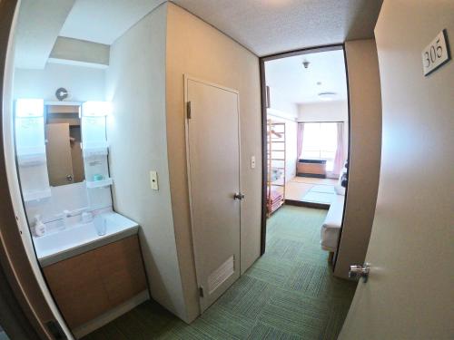a bathroom with a sink and a mirror at Villa Alpen in Yamanouchi