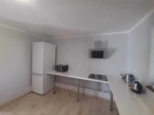 a white kitchen with a white refrigerator and a counter at Willa Czajki in Oświęcim