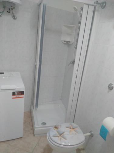y baño con ducha, aseo y lavamanos. en Nonna Libera monolocale, en Rodi Garganico