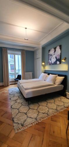 a bedroom with a large bed with a rug at Belle Epoque Luzern in Lucerne