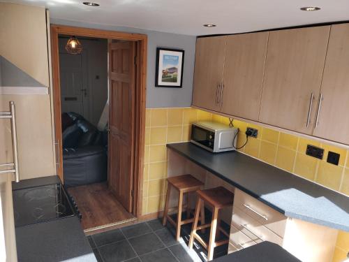 eine Küche mit einer Arbeitsplatte und einer Mikrowelle in der Unterkunft Town Centre House with parking in Cheltenham