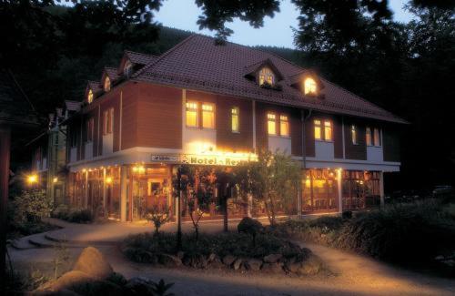 a large house with lights in front of it at night at Kurpark Flair Hotel Im Ilsetal in Ilsenburg