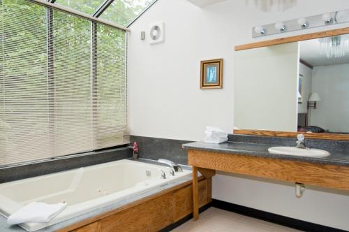 Sequim Bay Lodge في سيكيم: حمام مع حوض ومغسلة
