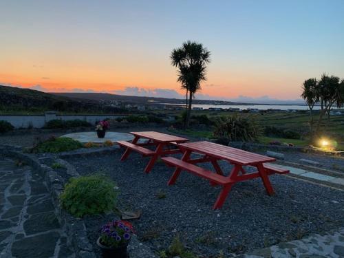 a picnic table and a palm tree at sunset at Ard Einne House Bed & Breakfast in Inis Mor