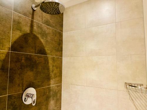 a shower with a shower head in a bathroom at Pension Katharinenschule in Eisenach