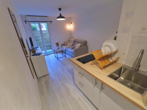 a kitchen and living room with a sink and a couch at Espace Valrose in Nice