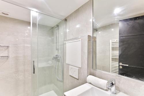 ein Bad mit einer Dusche, einem Waschbecken und einem Spiegel in der Unterkunft 100 - Luxury 2 Bedroom - Beaubourg Marais in Paris