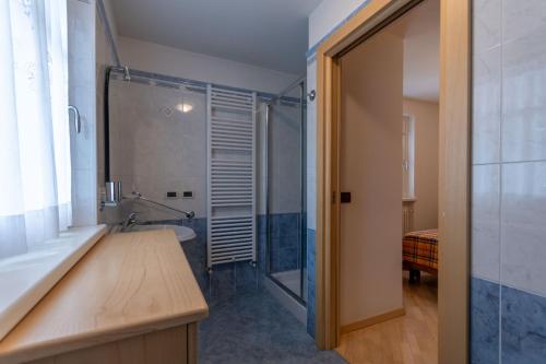 bagno con doccia e porta in vetro di Casa Biondi a Vigo di Fassa