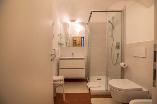 ein Bad mit einer Dusche, einem WC und einem Waschbecken in der Unterkunft Apartment Eva in Bozen
