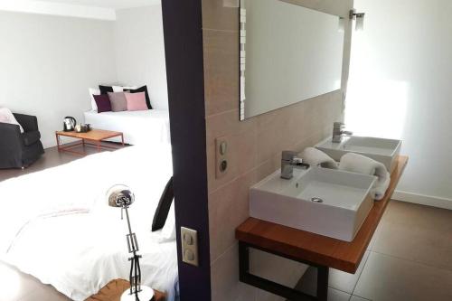 a bathroom with a sink and a bed and a mirror at Gite aux Caprices d'Aubrac in Laguiole