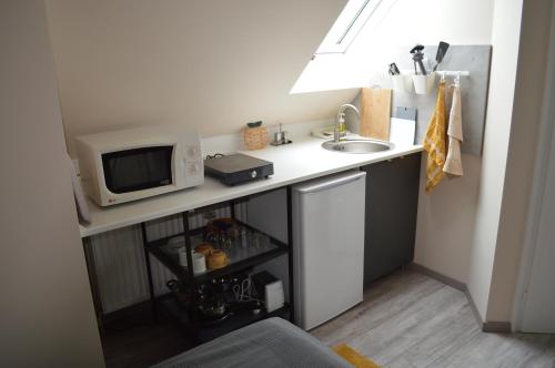 a small kitchen with a sink and a microwave at Rebeka Panzió in Tihany
