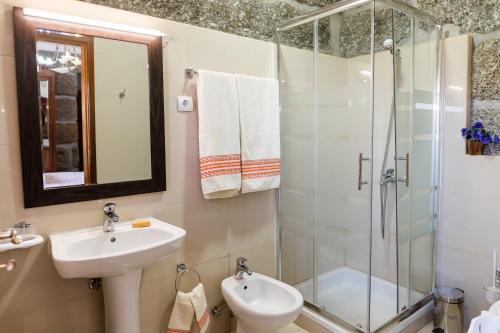 a bathroom with a sink and a shower at Leira da Cruz Grande in Castelo de Paiva