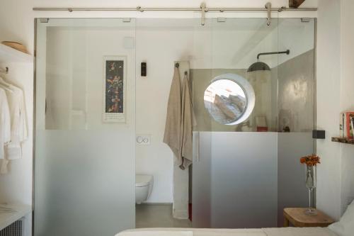W łazience znajduje się prysznic, toaleta i lustro. w obiekcie Relais Bellavista 5 w mieście Miniera dellʼArgentiera