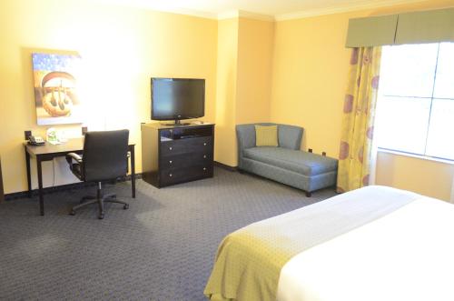a hotel room with a bed and a tv and a chair at Holiday Inn Houston East-Channelview by IHG in Channelview