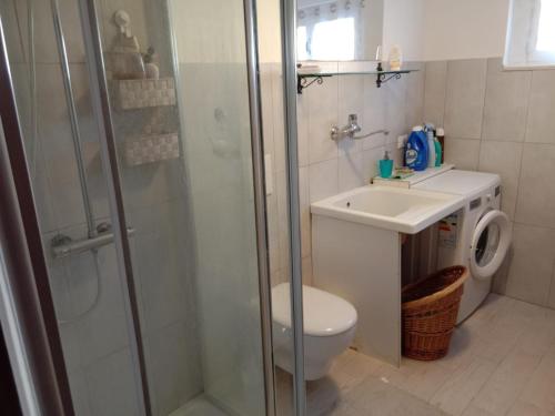 a bathroom with a shower and a toilet and a sink at Villa Lim in Bergamo