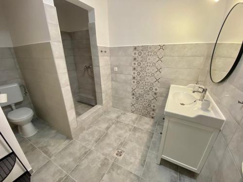 a bathroom with a sink and a shower and a toilet at Pacsirta Apartman Grand in Eger