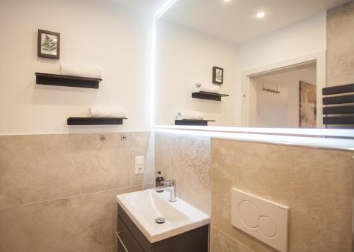 a bathroom with a sink and a mirror at Zum Hohlen Rain in Winterberg