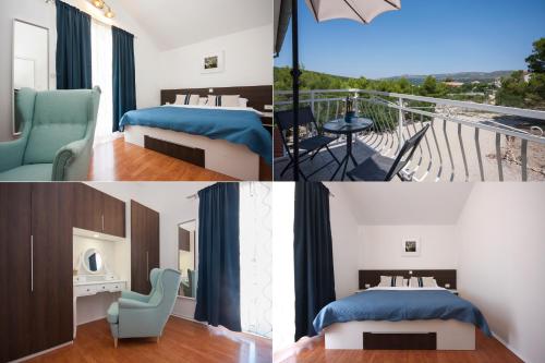 a hotel room with two beds and a balcony at Heavenly bay in Šibenik