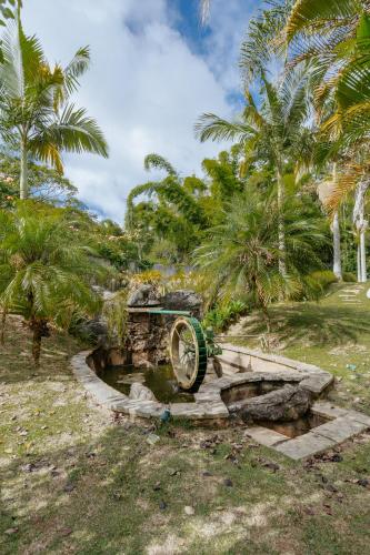 a wooden wheel in a field with palm trees at Pousada Cantagalo in Itaipava