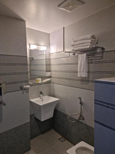 a bathroom with a sink and a toilet at Chautari Boutique Hotel in Pokhara