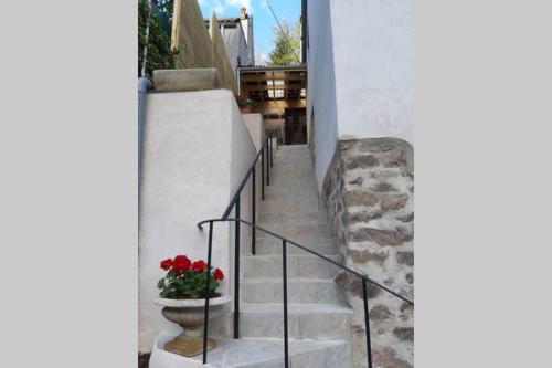 a stairway with red flowers in a pot at La Petite Maison Dans la Vallée in Avallon
