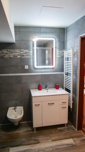 a bathroom with a sink and a mirror at Penzion Na Hradbách in Louny