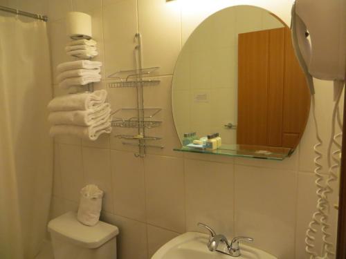 La salle de bains est pourvue d'un lavabo, de toilettes et d'un miroir. dans l'établissement Queen Bee Hotel, à Winnipeg